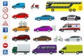 Flat high-quality city transport cars and road signs icon set. Side view sedan, van, cargo truck, off-road, bus, scooter Royalty Free Stock Photo