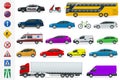 Flat high-quality city transport cars and road signs icon set. Side view sedan, van, cargo truck, off-road, bus, scooter Royalty Free Stock Photo