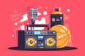 Flat hip-hop equipment with spray, microphone, basketball, boombox.