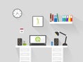 Flat home office workspace interior . long shadow vector background Royalty Free Stock Photo