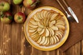 Flat horizontal view food photography of apple pie made with slices of organic apples on ceramic craft plate with yellow stripe,