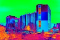 Flat house in cold surrounding scan. Thermal color spectre scale. Infra or thermography