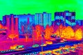 Flat house in cold surrounding scan. Thermal color spectre scale. Infra or thermography