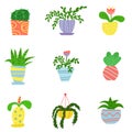 Flat house plants in a cartoon style. Set of flowers in pots. Interior. Vector illustration