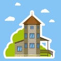 Flat house sticker style on blue background. on white.