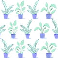 Flat Houseplants in Ceramic Pots Seamless Pattern