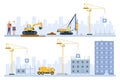 Flat houses construction process stages with building machinery. Engineers, excavator and crane build. Real estate Royalty Free Stock Photo