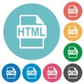 Flat HTML file format icon set on round background