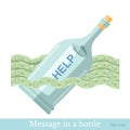 Flat icon bottle with letter help on wave from bill on white