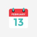 Flat icon calendar 13 of February. Date, day and month. Royalty Free Stock Photo