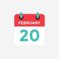 Flat icon calendar 20 of February. Date, day and month. Royalty Free Stock Photo