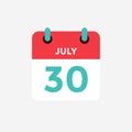 Flat icon calendar 30 of July. Date, day and month.
