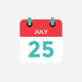 Flat icon calendar 25 of July. Date, day and month.