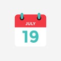 Flat icon calendar 19 of July. Date, day and month.