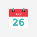 Flat icon calendar 26 of July. Date, day and month.