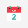 Flat icon calendar 2 of July. Date, day and month.