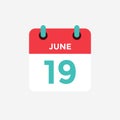 Flat icon calendar 19 of June. Date, day and month. Royalty Free Stock Photo