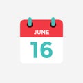 Flat icon calendar 16 of June. Date, day and month. Royalty Free Stock Photo