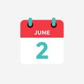 Flat icon calendar 2 of June. Date, day and month. Royalty Free Stock Photo