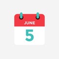 Flat icon calendar 5 of June. Date, day and month. Royalty Free Stock Photo