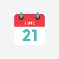 Flat icon calendar 21 of June. Date, day and month. Royalty Free Stock Photo