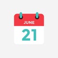 Flat icon calendar 21 of June. Date, day and month.