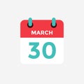 Flat icon calendar 30 of March. Date, day and month.