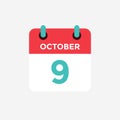 Flat icon calendar 9 October. Date, day and month.