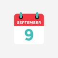 Flat icon calendar, 9 September. Date, day and month.