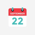 Flat icon calendar, 22 September. Date, day and month.