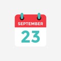 Flat icon calendar, 23 September. Date, day and month.