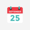 Flat icon calendar, 25 September. Date, day and month.