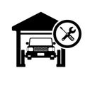 Flat icon of a car workshop. Garage with a lift and a sign of a wrench and screwdriver. Logo, symbol. Vector illustration.