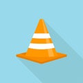 Flat icon with cone road sign. Safety sign. Flat vector icon on blue background with shadow