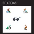 Flat Icon Cripple Set Of Handicapped Man, Equipment, Ancestor Vector Objects. Also Includes Old, Disabled, Sunglasses