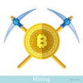 Flat icon with crossed picks and bit coin in center. Mining bit coin business illustration isolated