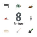 Flat Icon Dacha Set Of Barbecue, Hay Fork, Hosepipe And Other Vector Objects. Also Includes Wooden, Hose, Fork Elements.