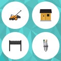 Flat Icon Dacha Set Of Pump, Lawn Mower, Stabling And Other Vector Objects. Also Includes Bbq, Barbecue, Tool Elements.