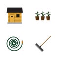 Flat Icon Dacha Set Of Stabling, Harrow, Flowerpot And Other Vector Objects. Also Includes Hose, Hosepipe, Flowerpot