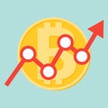 Flat icon design of uptrend line arrow breaking through bitcoin sign on blue color background. Royalty Free Stock Photo