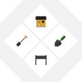 Flat Icon Farm Set Of Stabling, Spade, Barbecue And Other Vector Objects. Also Includes Brazier, Shovel, Trowel Elements