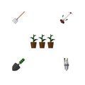 Flat Icon Garden Set Of Grass-Cutter, Flowerpot, Pump And Other Vector Objects. Also Includes Plant, Equipment