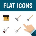 Flat Icon Garden Set Of Harrow, Grass-Cutter, Hay Fork And Other Vector Objects. Also Includes Gardening, Stabling