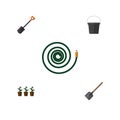 Flat Icon Garden Set Of Hosepipe, Pail, Spade And Other Vector Objects. Also Includes Hosepipe, Plant, Flowerpot