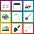 Flat Icon Garden Set Of Hothouse, Trowel, Hosepipe And Other Vector Objects. Also Includes Mower, Spatula, Bbq Elements.