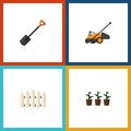 Flat Icon Garden Set Of Lawn Mower, Wooden Barrier, Flowerpot And Other Vector Objects. Also Includes Fence, Cutter