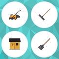 Flat Icon Garden Set Of Shovel, Lawn Mower, Stabling And Other Vector Objects. Also Includes Barn, Rake, Cutter Elements