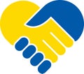 Flat icon of handshakes in the form of a heart in the colors of the Ukrainian flag