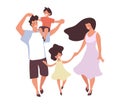 Flat icon of happy family with son and daughter. Dad and mom are walking with children and hugging, vector illustration Royalty Free Stock Photo