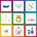 Flat Icon Kid Set Of Bathtub, Rattle, Children Scales And Other Vector Objects. Also Includes Cosmetics, Rattle, Bathtub